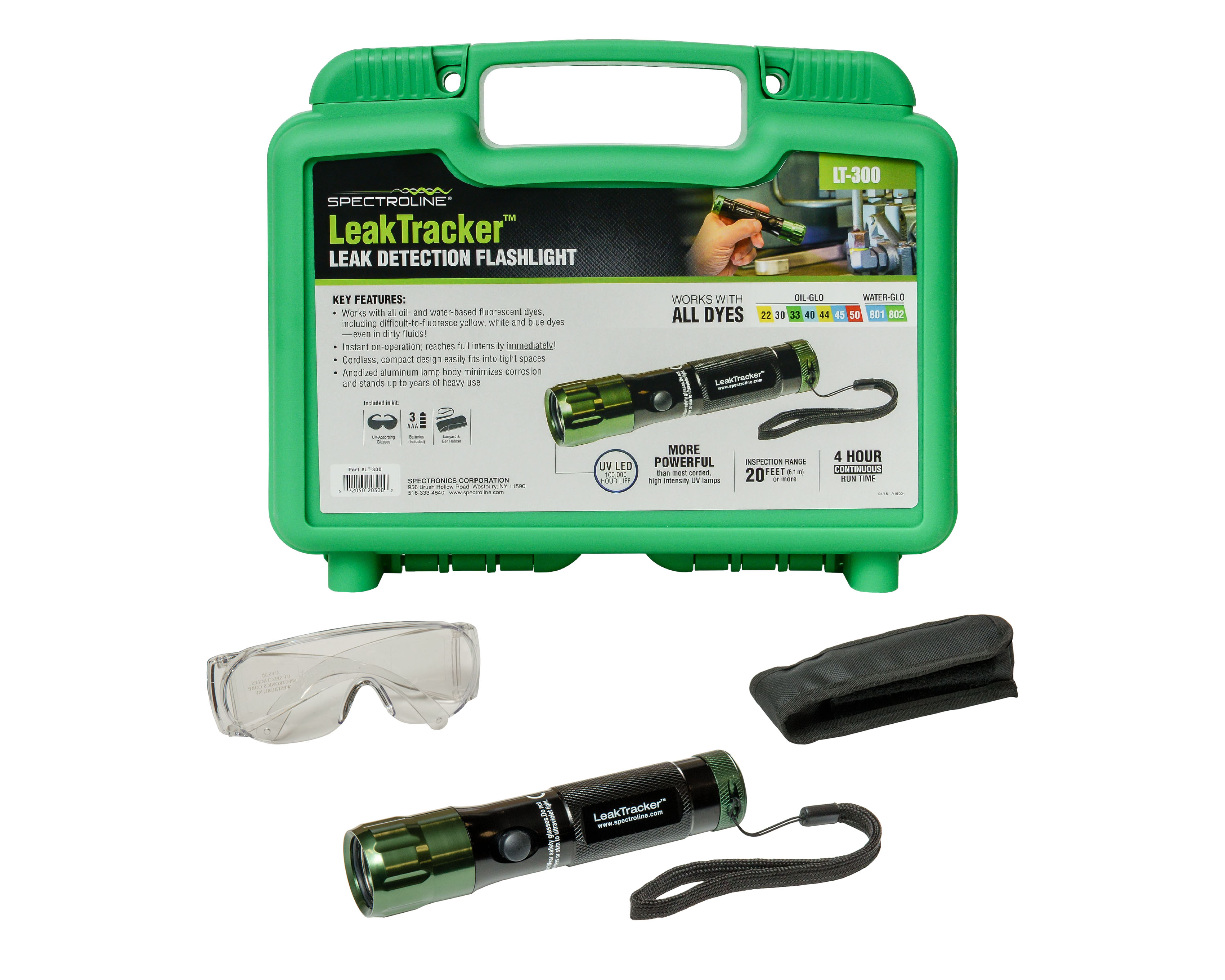 Industrial leak kits, like this one from Spectroline, include the dye, black light, and goggles to help find the source of hydraulic fluid leaks.