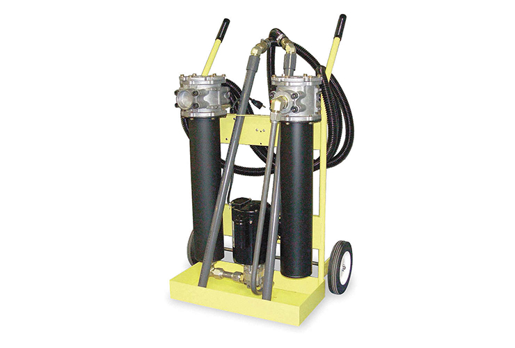 Using a portable filtration system with very fine micron rating such as this filter cart from Parker Hannifin, will clean your hydraulic system and help remove fine particles not trapped by the machine’s permanently installed filters. 